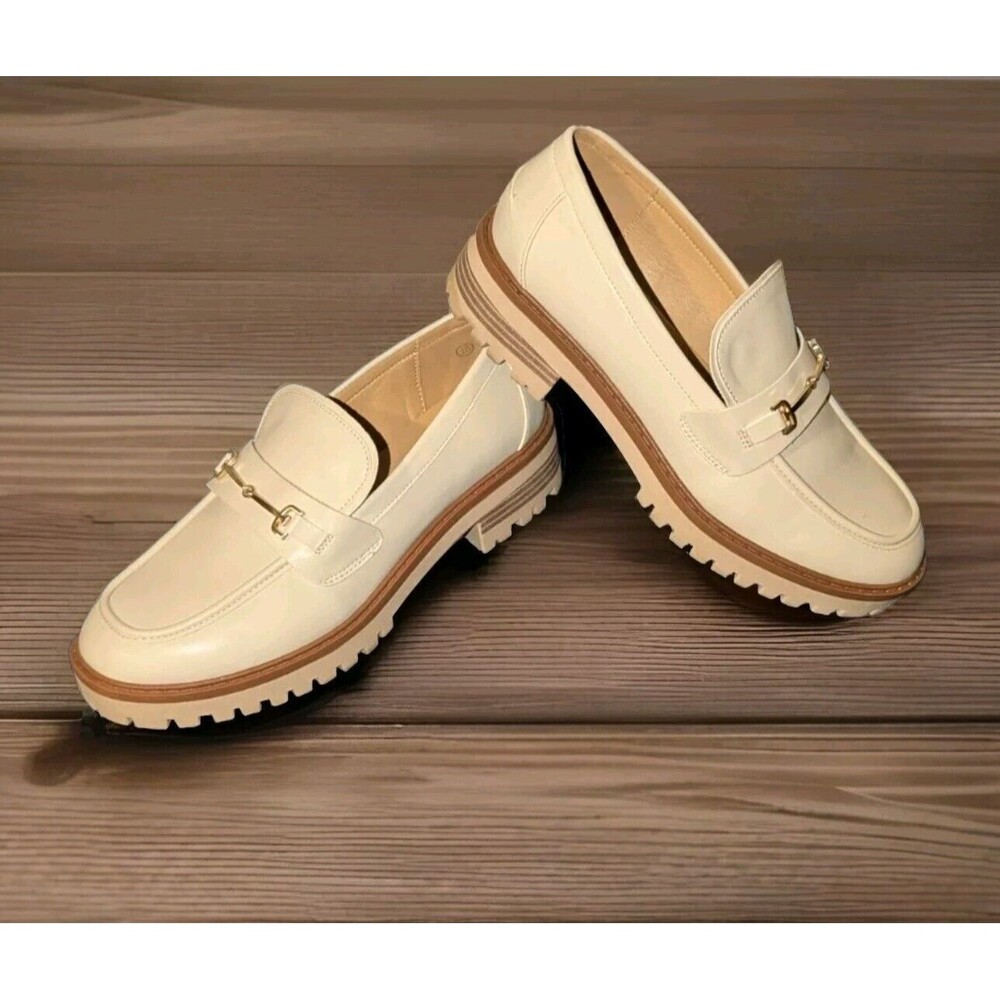 ZBY Cream Platform Chunky Loafers with Gold Accent Size 10